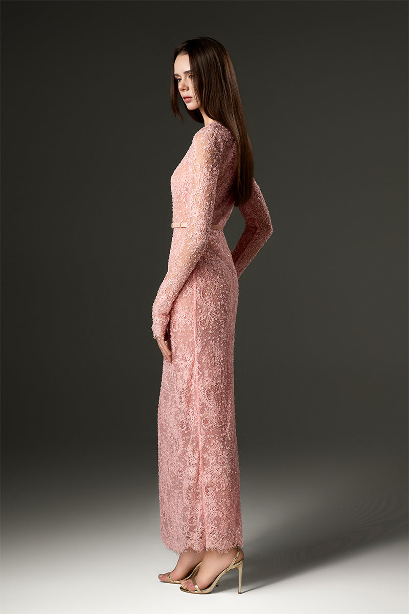 Light pink long sleeve mesh lace midi dress by I.H.F Studio featuring subtle sequin embellishments.