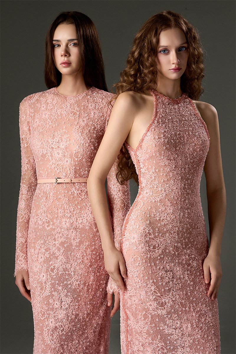Light pink long sleeve mesh lace midi dress by I.H.F Studio with petite sequin embellishments, elegant and form-fitting.