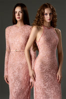 Light pink long sleeve mesh lace midi dress by I.H.F Studio with subtle sequin embellishments, perfect for evening wear.