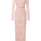 Light pink long sleeve mesh lace midi dress by I.H.F Studio with sequin embellishments, perfect for elegant occasions.