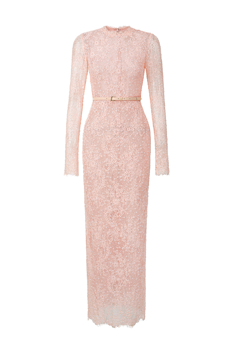 LONG SLEEVE MESH LACE MIDI DRESS IN PINK - CULT MIA