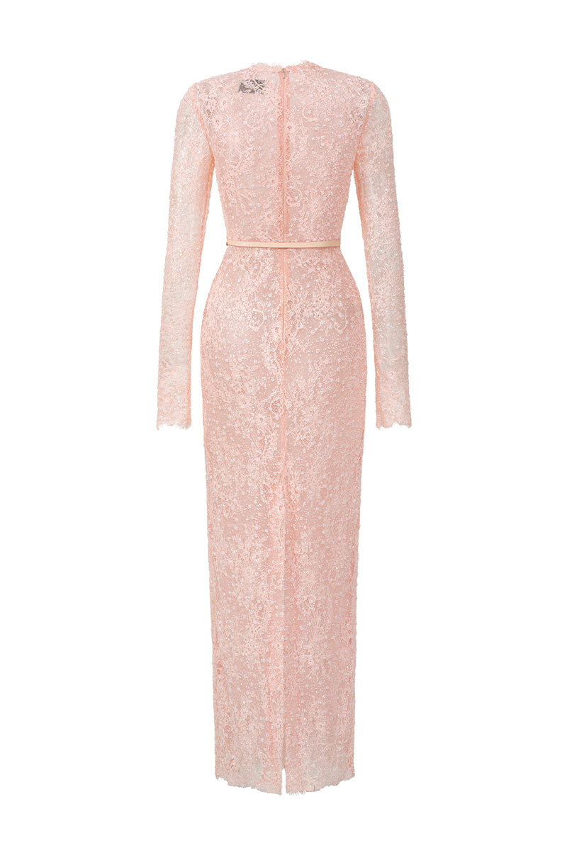 Light pink mesh lace long-sleeve midi dress by I.H.F Studio with petite sequin embellishments, perfect for elegant occasions.