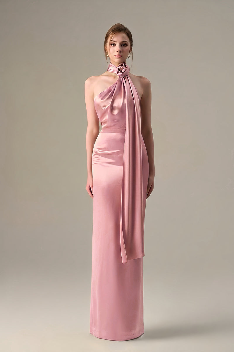 Light pink satin silk halter maxi dress with cross detail and pleated drape by I.H.F, shown on a model.