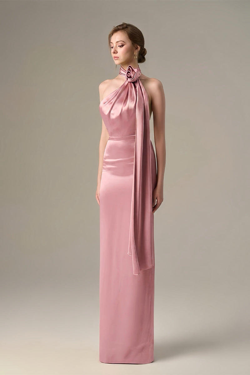 Light pink satin halter maxi dress with cross detail and pleated drape from I.H.F. for elegant evening wear.