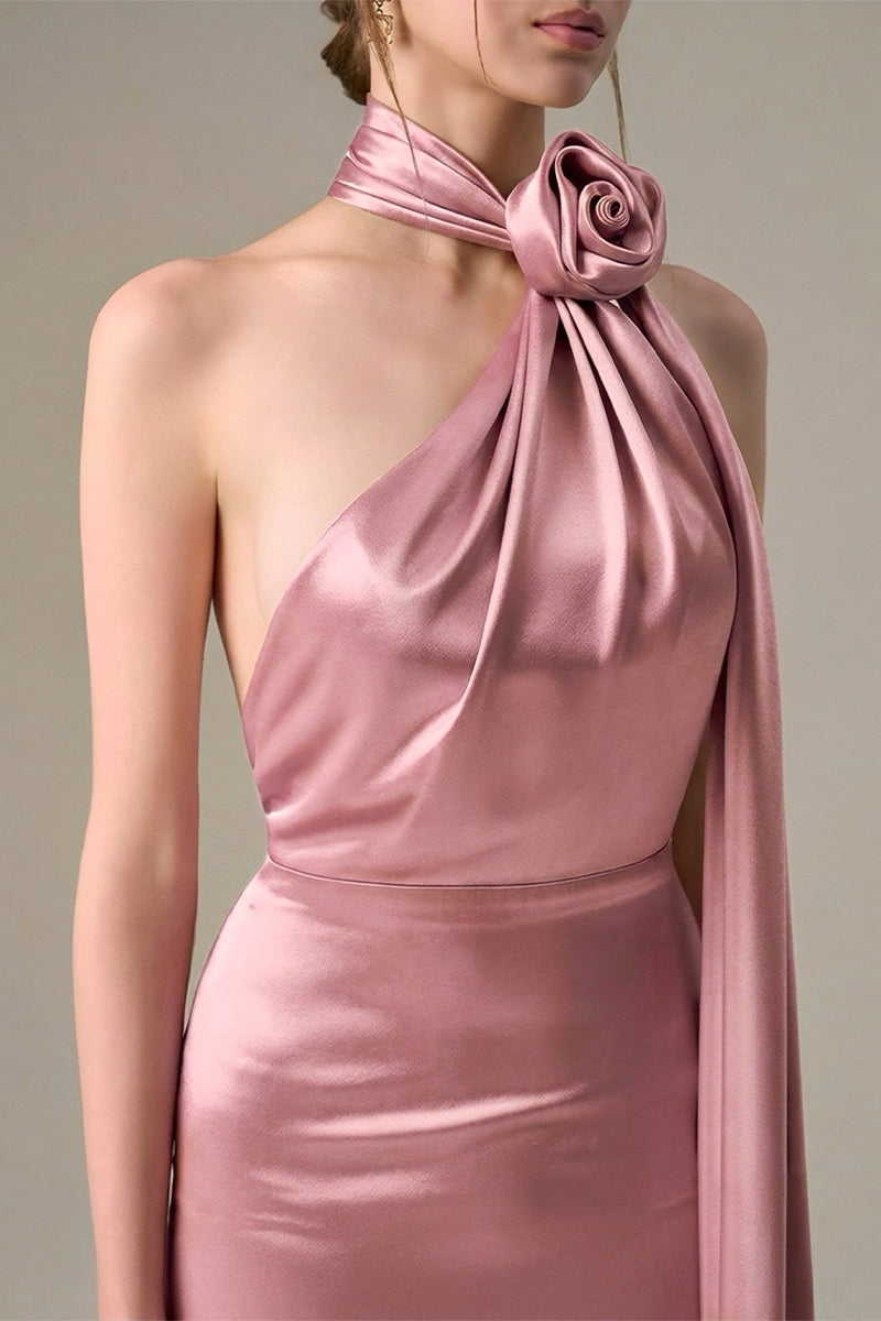 Light pink satin halter maxi dress by I.H.F with cross detail and pleated drape, displayed on a hanger.