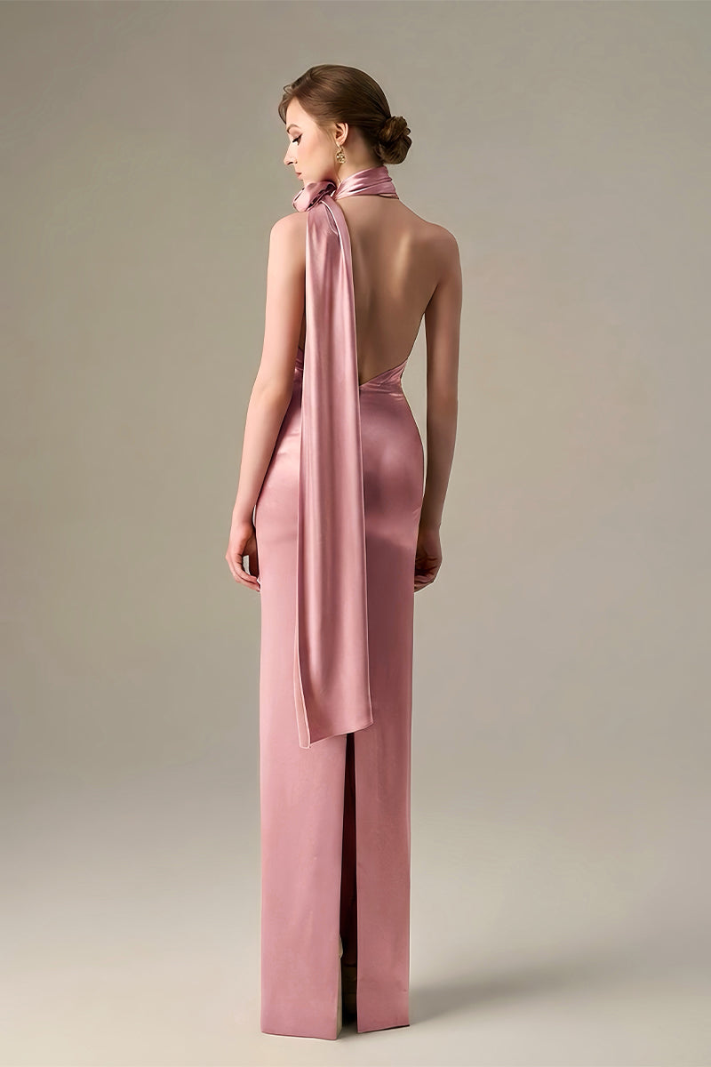 Light pink satin halter maxi dress with cross detail and pleated drape from I.H.F, shown on a model.