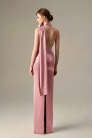 Light pink satin halter gown by I.H.F with cross detail and pleated drape, showcasing elegant silk fabric and stylish design.