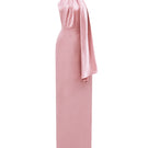 Light pink satin halter gown with cross detail and pleated drape by I.H.F, showcasing elegant fabric and design.