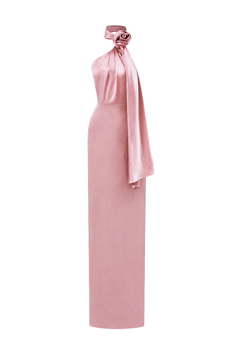 PINK HALTER DRESS WITH CROSS DETAIL AND PLEATED DRAPE