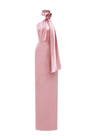 Light pink satin halter gown with cross detail and pleated drape by I.H.F, showcasing elegant fabric and design.