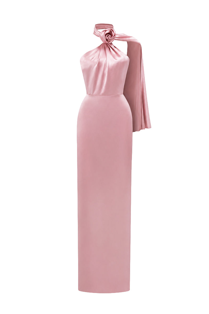 Light pink satin halter maxi dress by I.H.F with cross detail and pleated drape, stylish and elegant evening wear.