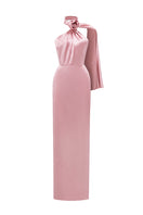 Light pink satin halter gown by I.H.F with cross detail and pleated drape, featuring elegant design and flowing fabric.