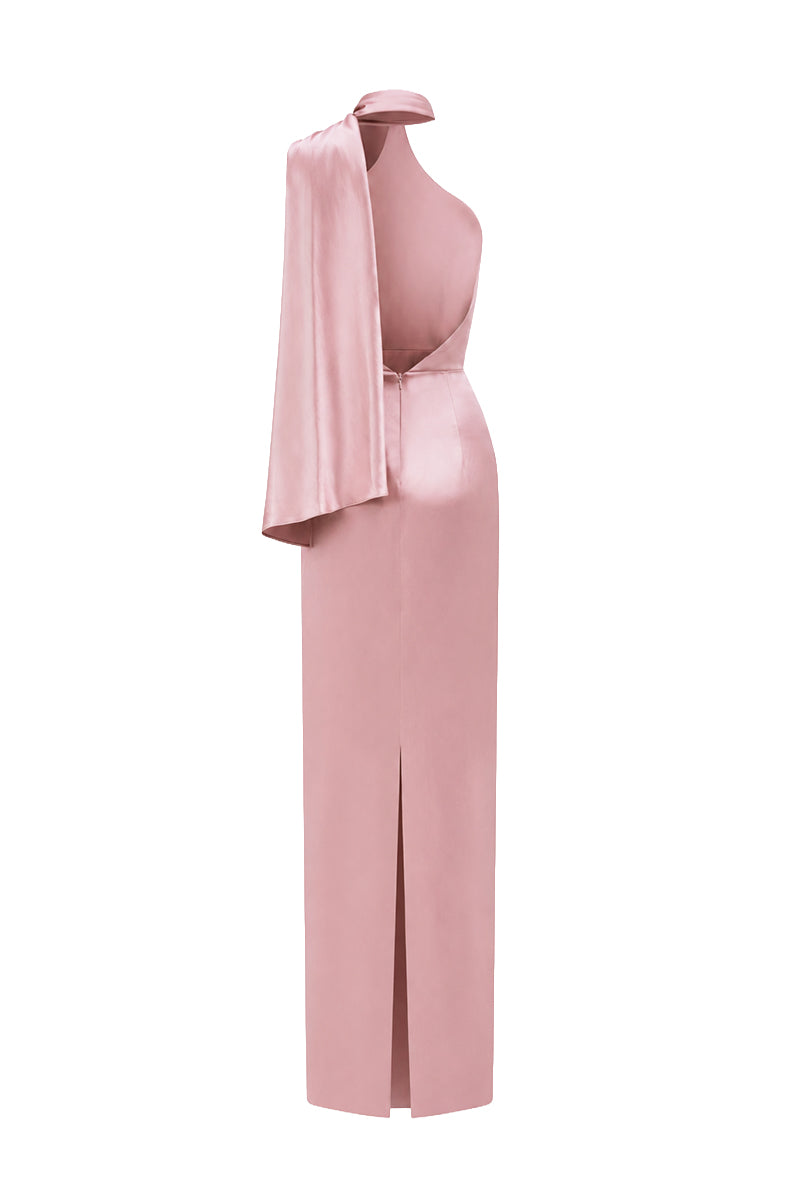 Light pink satin halter maxi dress with cross detail and pleated drape from I.H.F, showcasing elegant design and flowing fabric.
