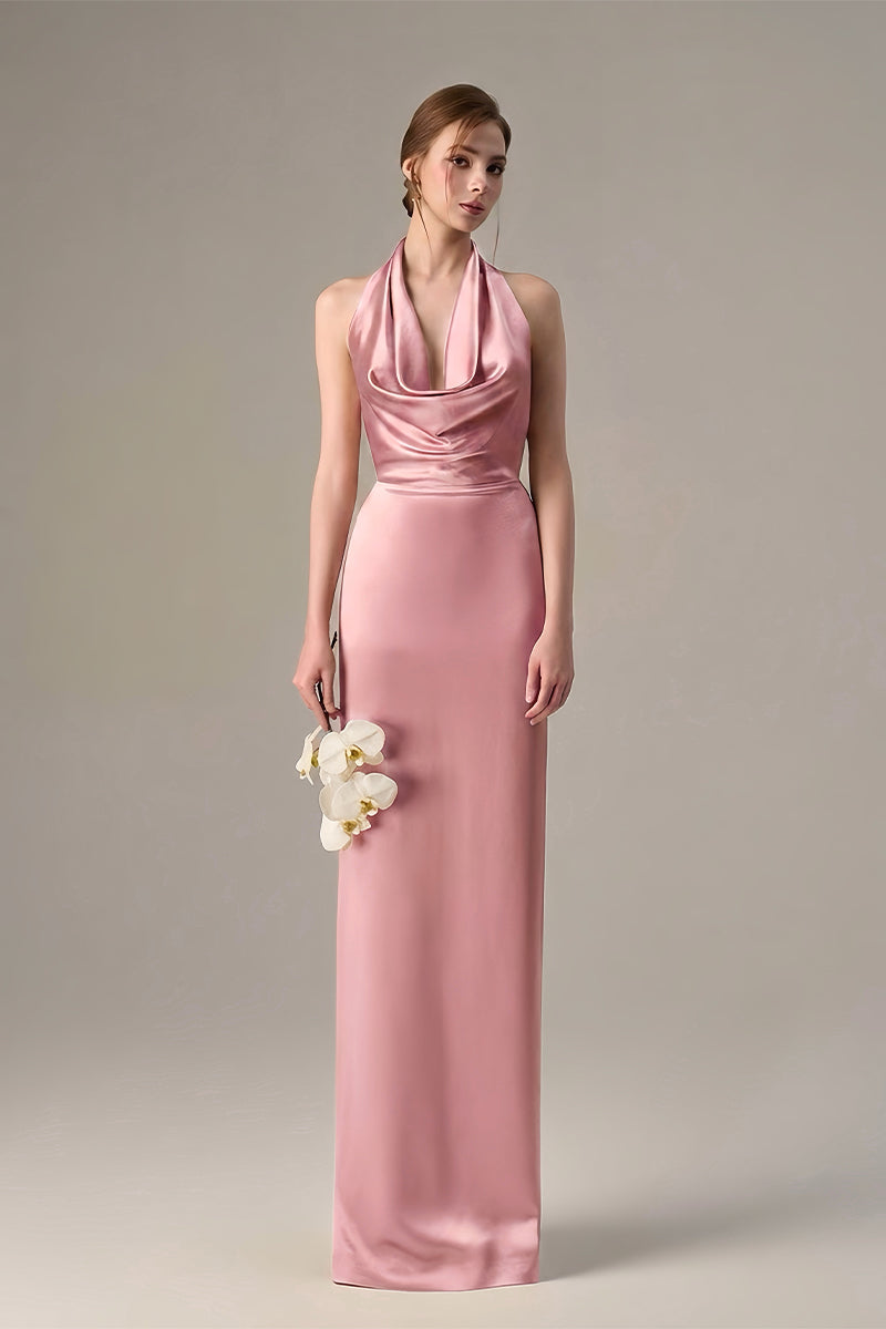 Light pink satin silk halter maxi dress with pleated detailing, featuring a flowing silhouette and elegant design by I.H.F.