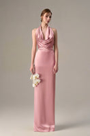 Light pink satin silk halter gown with pleated detailing from I.H.F, featuring a smooth, shiny fabric and elegant neckline.
