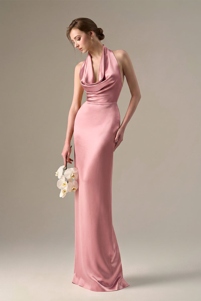 Light pink satin silk halter maxi dress with pleated detailing from I.H.F, showcasing a flowing, elegant design with a fitted bodice.