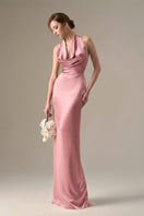 Light pink satin silk halter gown with pleated detailing from I.H.F, featuring a flowy, elegant design perfect for formal occasions.