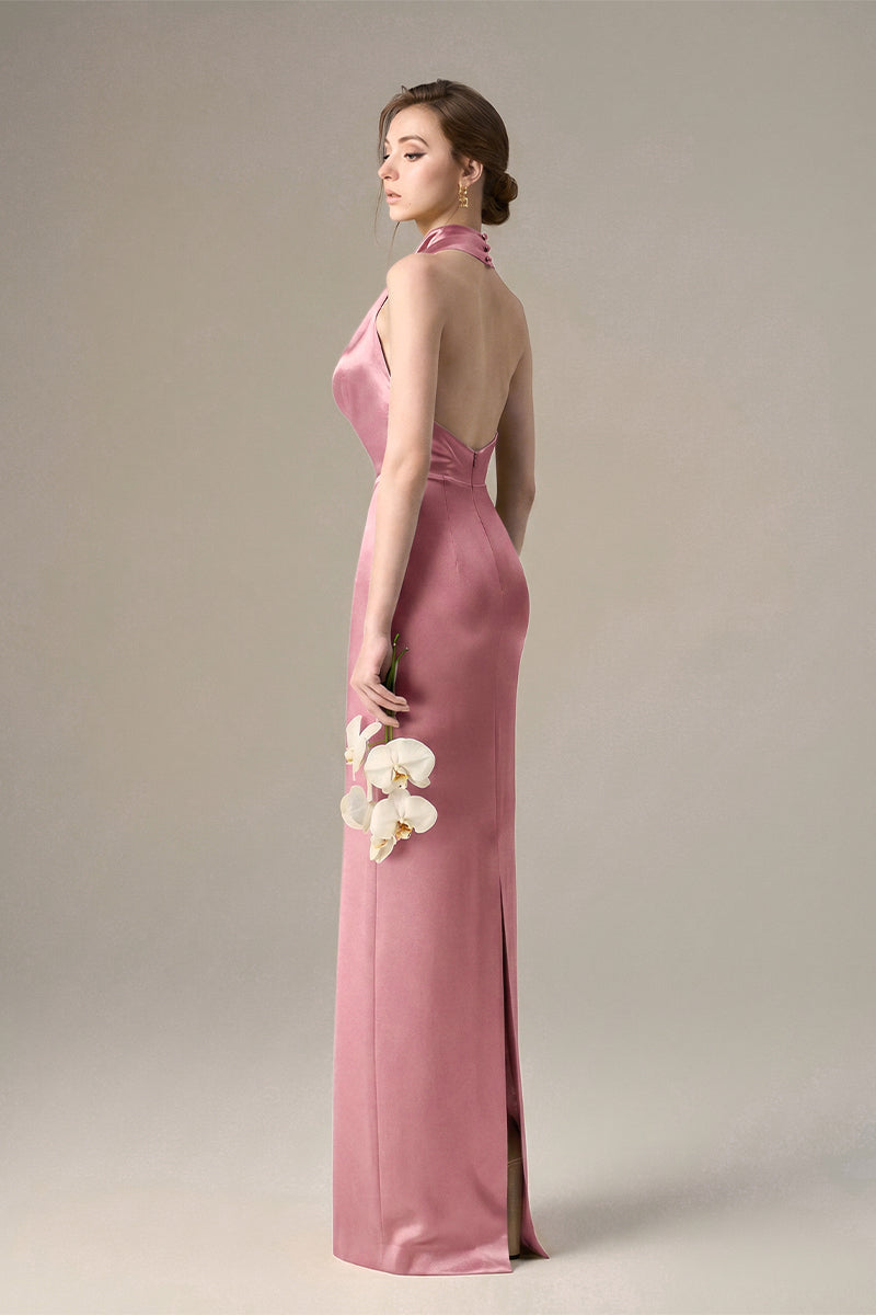 Light pink satin silk halter maxi dress with pleated detailing by I.H.F, featuring a flowy, elegant design perfect for formal occasions.