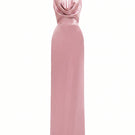 Light pink satin silk halter gown by I.H.F with pleated detailing, showcasing a smooth, elegant fabric and stylish design