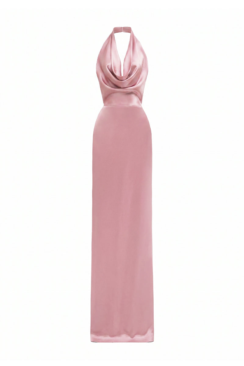 Light pink satin silk halter maxi dress with pleated detailing, stylish and elegant I.H.F brand evening dress.