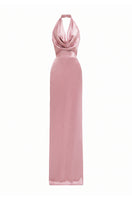 Light pink satin silk halter gown by I.H.F with pleated detailing, showcasing a smooth, elegant fabric and stylish design