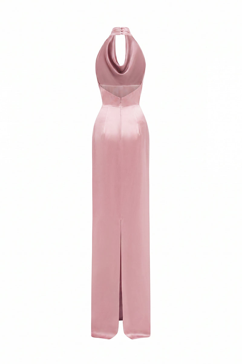 Light pink satin silk halter maxi dress with pleated detailing, stylish and elegant for special occasions.