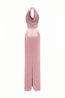 Light pink satin silk halter gown by I.H.F with pleated detailing and elegant flow for formal occasions