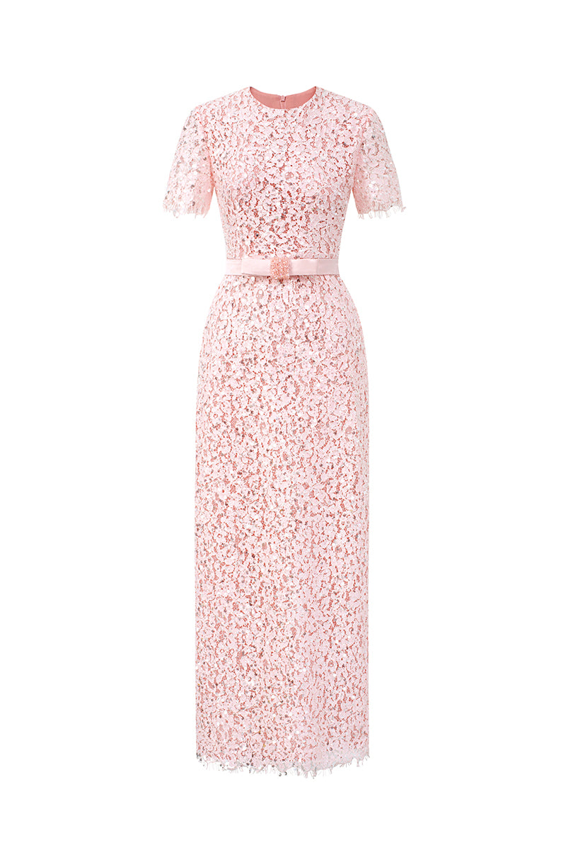 Light pink sequin floral lace structured midi dress by I.H.F Studio with sculpted hips and elegant design.