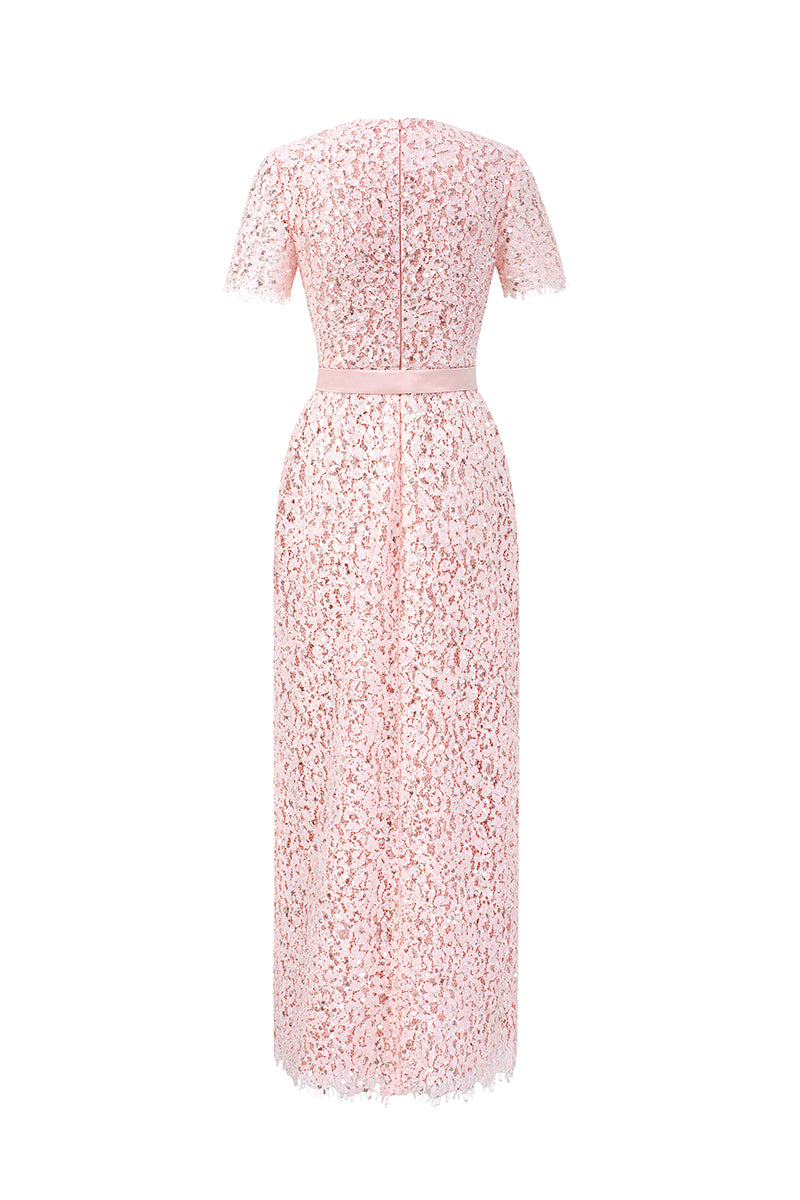 Light pink sequined floral lace structured midi dress by I.H.F Studio featuring sculpted hips and elegant design.