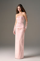 Light pink taffeta gown by I.H.F Studio featuring a column silhouette with crystal embellishments.