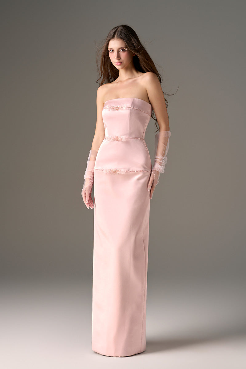 Light pink taffeta gown by I.H.F Studio featuring a column silhouette with crystal embellishments.