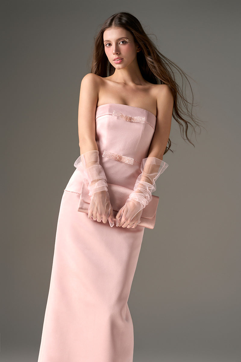 Light pink taffeta maxi gown by I.H.F Studio with crystal embellishments, featuring a sleek column silhouette and elegant design.