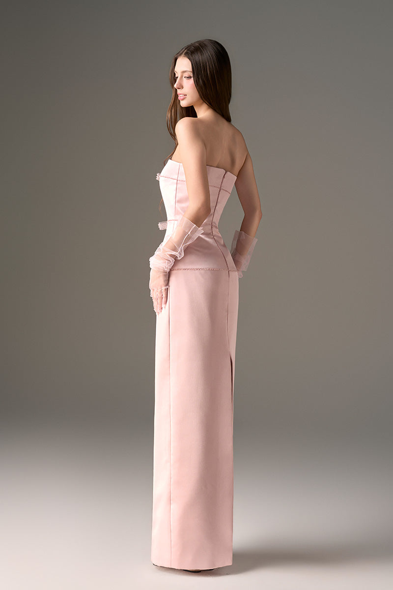 Light pink taffeta maxi dress by I.H.F Studio featuring a column silhouette and crystal embellishments.