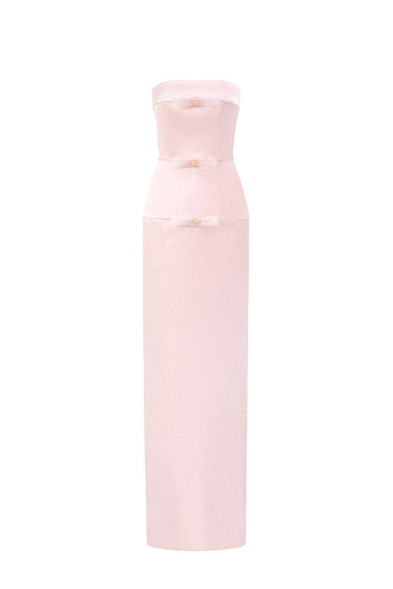 Light pink taffeta maxi dress with crystal embellishments from CULT MIA X I.H.F Studio, featuring a sleek column silhouette.