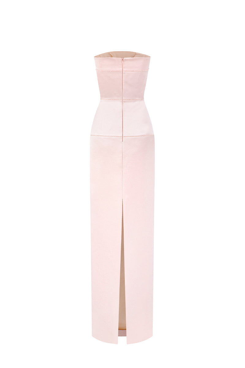 Light pink taffeta maxi dress by I.H.F Studio featuring a column silhouette and crystal embellishments, perfect for elegant occasions.