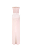 Light pink taffeta gown by I.H.F Studio featuring a column silhouette with crystal embellishments and a sleek, elegant design.
