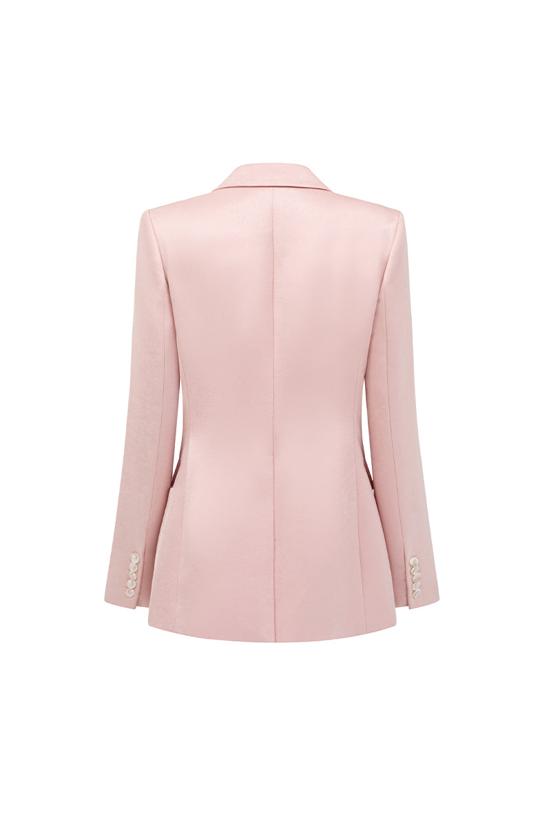 Light pink double-breasted blazer by I.H.F Studio, oversized fit, made of shiny taffeta fabric, stylish and elegant fashion piece.