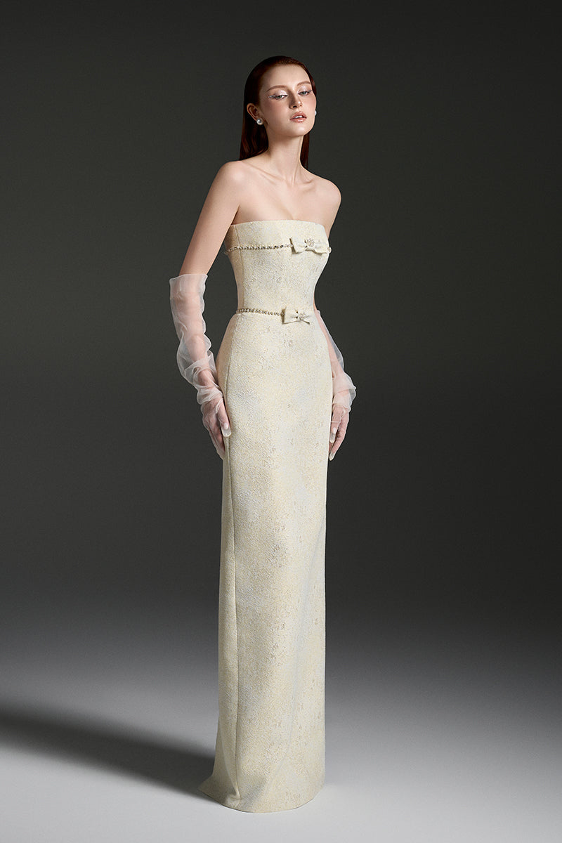 STRAPLESS LACQUERED BROCADE MAXI DRESS - CULT MIA