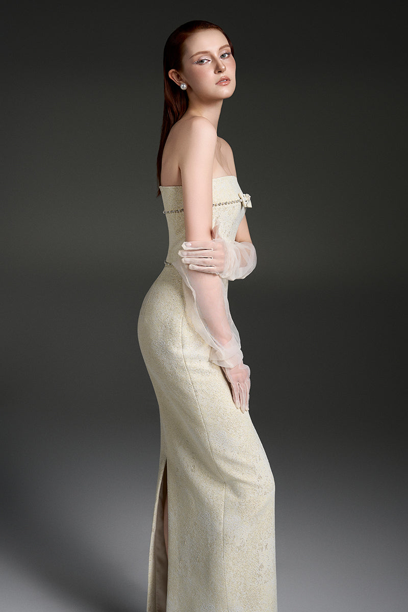 STRAPLESS LACQUERED BROCADE MAXI DRESS - CULT MIA