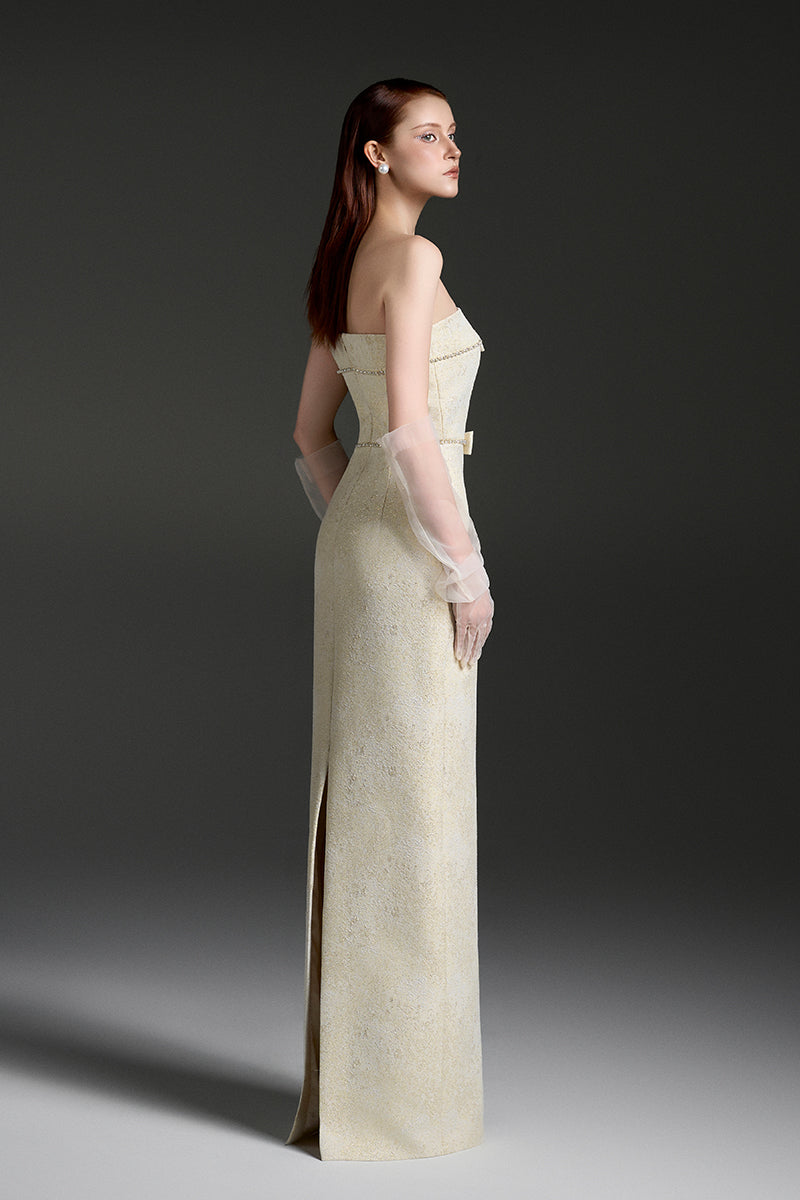 STRAPLESS LACQUERED BROCADE MAXI DRESS - CULT MIA