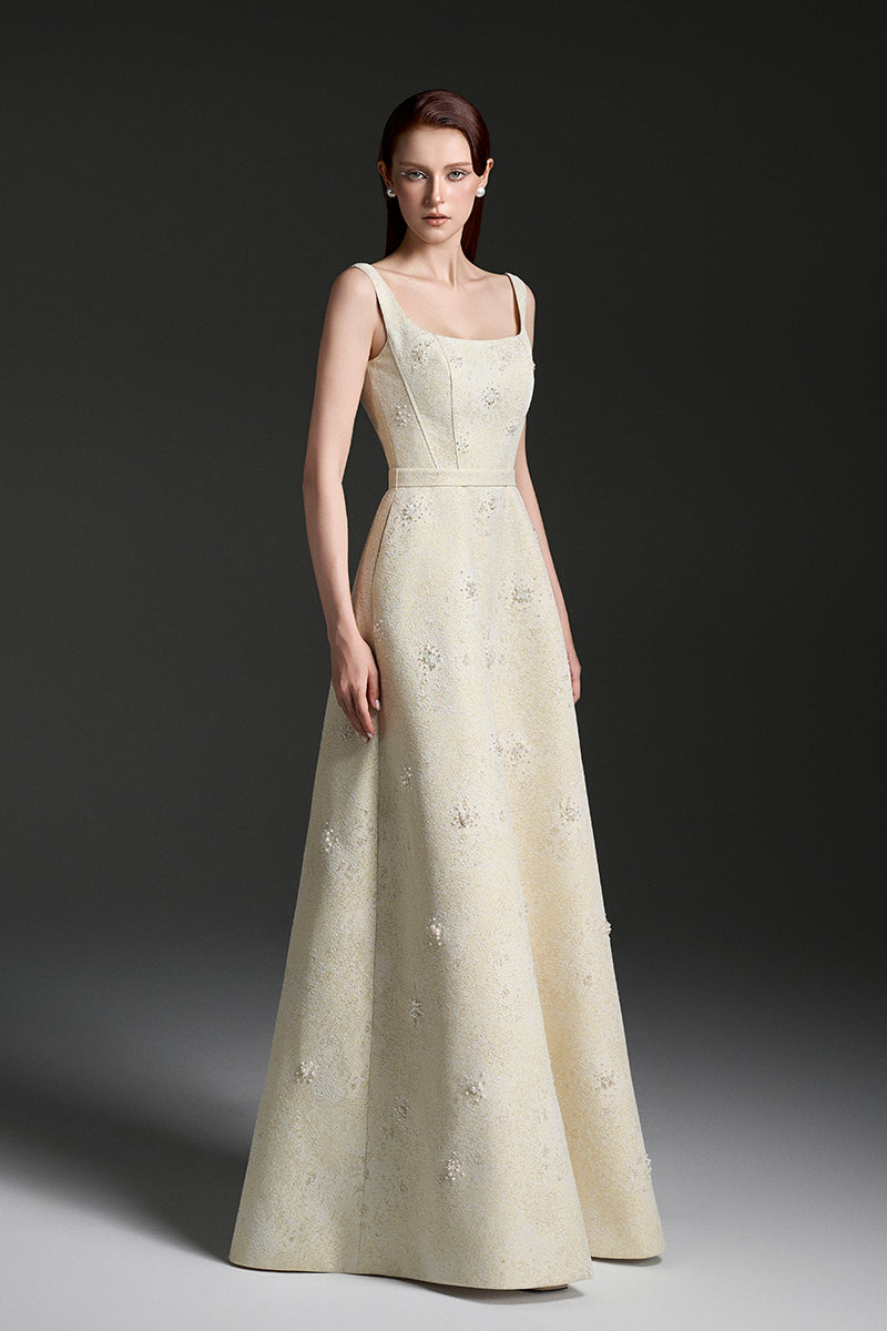 SILK LINED LACQUERED BROCADE GOWN - CULT MIA