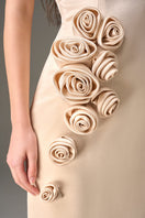 Light yellow taffeta one-shoulder gown with rosette detail by I.H.F Studio, elegant maxi dress for formal occasions.