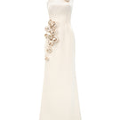 Beige one-shoulder taffeta gown with rosette detail from I.H.F Studio, featuring a light yellow hue and elegant maxi length.