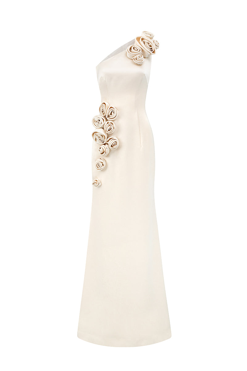 I.H.F Studio beige taffeta maxi dress with one shoulder and rosette detail, stylish and elegant for special occasions.