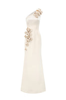 Beige one-shoulder taffeta gown with rosette detail from I.H.F Studio, featuring a light yellow hue and elegant maxi length.