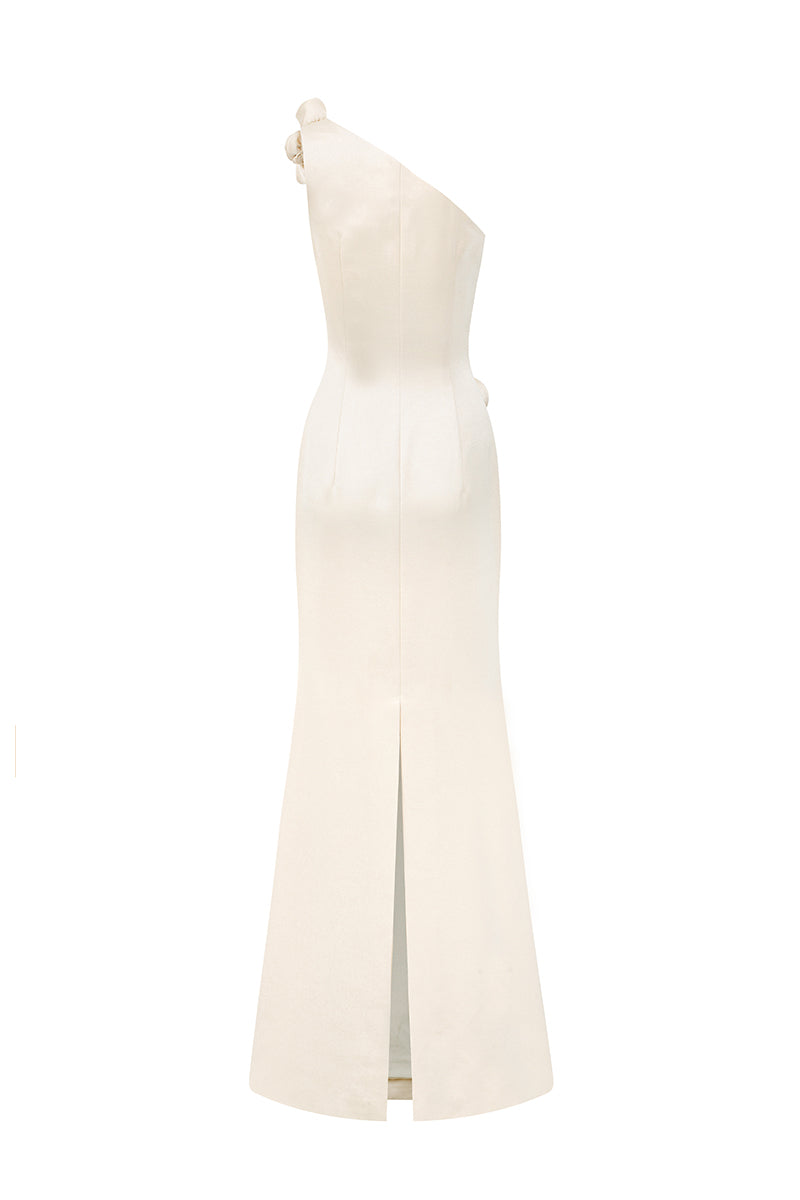 Light yellow taffeta one-shoulder gown with rosette detail from I.H.F Studio, elegant maxi dress for formal occasions