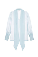 Light blue chiffon blouse with a scarf from ELENAREVA, featuring a flowy fabric and stylish design, worn by a model.