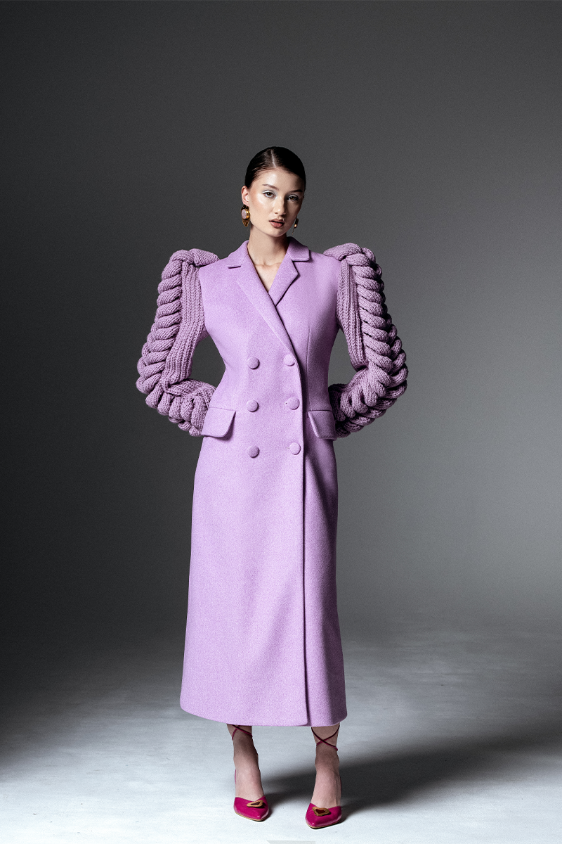 Liya statement sleeves coat in soft lilac color, stylish long coat with dramatic sleeve design and tailored fit.
