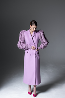 Liya statement sleeves coat in soft lilac color, stylish long coat with dramatic sleeve design, perfect for chic winter outfits.