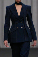 Lili Blanc double-breasted tailored denim blazer with structured fit and classic lapels, displayed on a neutral background.